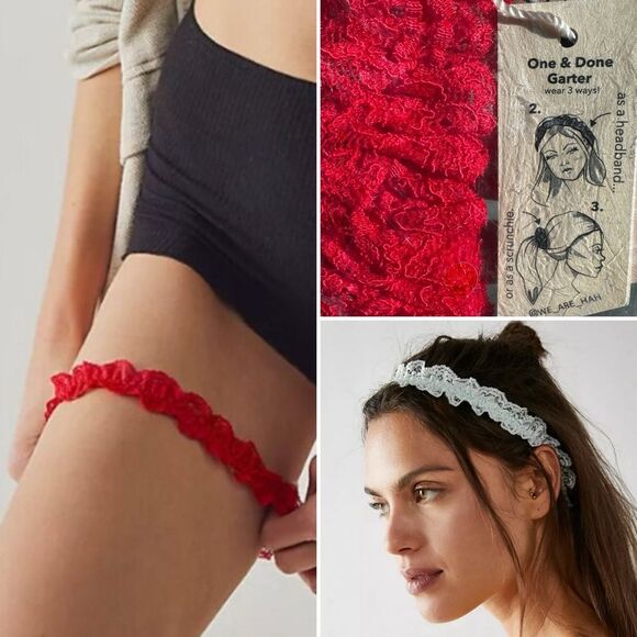 NWT Revolve x HAH One and Done Lace Garter Headband Scrunchie in Siren Red - Picture 2 of 12